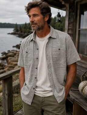 Woolrich Gray Slub Cotton Camp Shirt XL Short Sleeve